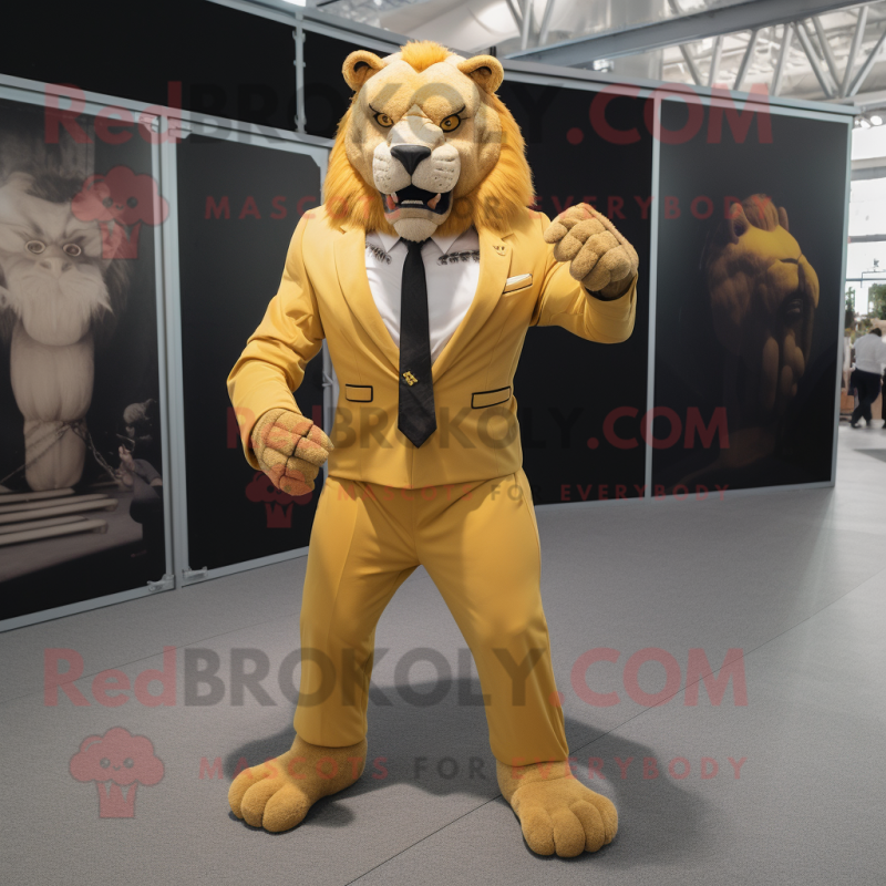 Gold Smilodon mascot costume character dressed with a Suit and Belts