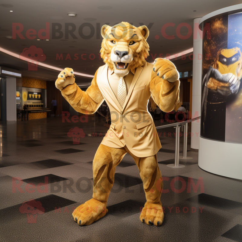 Gold Smilodon mascot costume character dressed with a Suit and Belts