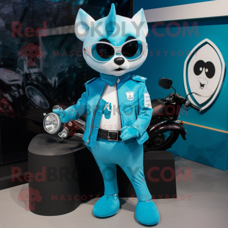 Cyan Ermine mascot costume character dressed with a Moto Jacket and Coin purses Cyan Ermine mascot costume character dressed with a Moto Jacket and Coin purses