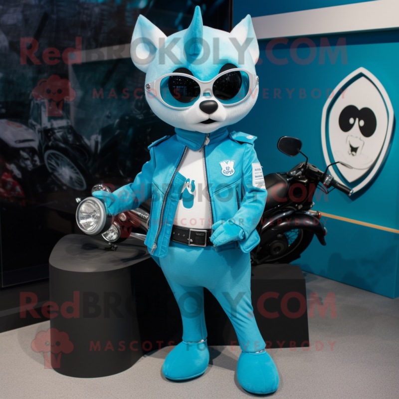 Cyan Ermine mascot costume character dressed with a Moto Jacket and Coin purses