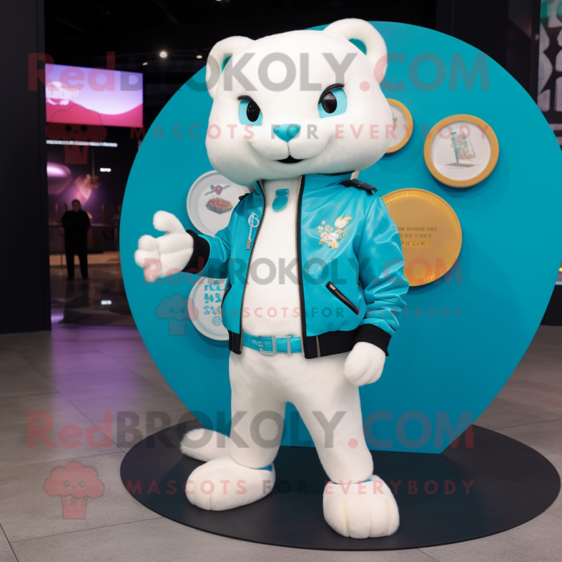 Cyan Ermine mascot costume character dressed with a Moto Jacket and Coin purses Cyan Ermine mascot costume character dressed with a Moto Jacket and Coin purses