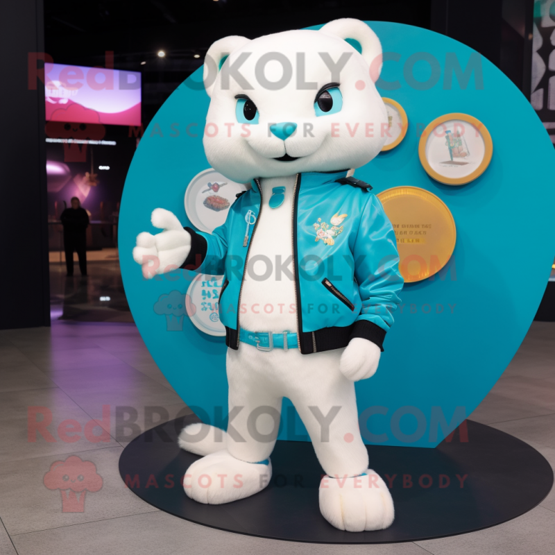 Cyan Ermine mascot costume character dressed with a Moto Jacket and Coin purses