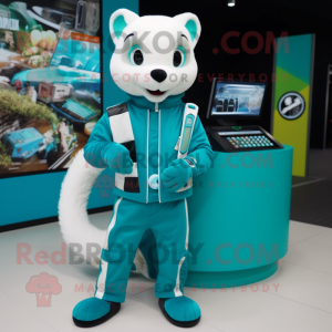 Cyan Ermine mascot costume character dressed with a Moto Jacket and Coin purses