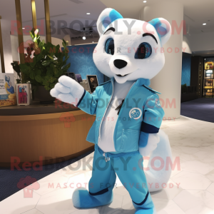Cyan Ermine mascot costume character dressed with a Moto Jacket and Coin purses