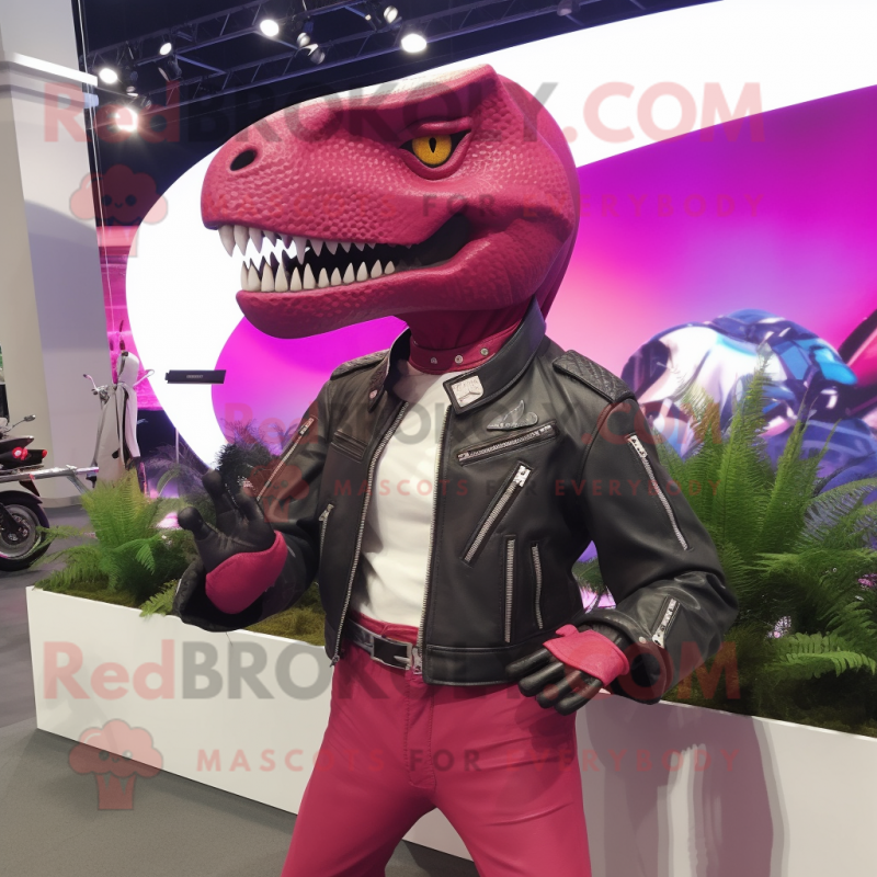 Magenta Tyrannosaurus mascot costume character dressed with a Moto Jacket and Bracelet watches