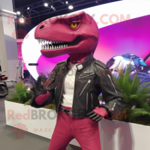 Magenta Tyrannosaurus mascot costume character dressed with a Moto Jacket and Bracelet watches