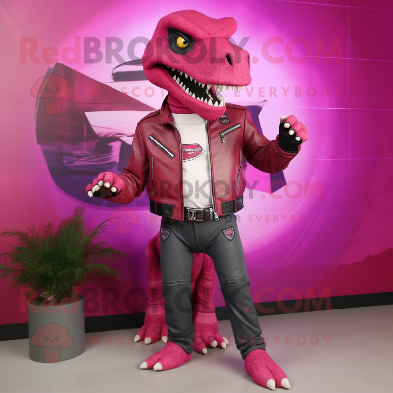 Magenta Tyrannosaurus mascot costume character dressed with a Moto Jacket and Bracelet watches