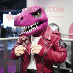 Magenta Tyrannosaurus mascot costume character dressed with a Moto Jacket and Bracelet watches