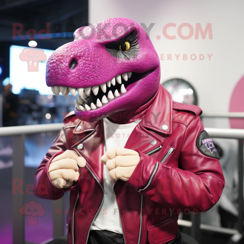 Magenta Tyrannosaurus mascot costume character dressed with a Moto Jacket and Bracelet watches