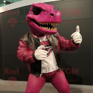 Magenta Tyrannosaurus mascot costume character dressed with a Moto Jacket and Bracelet watches