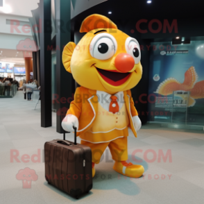 Gold Clown Fish mascot costume character dressed with a Suit Jacket and Tote bags