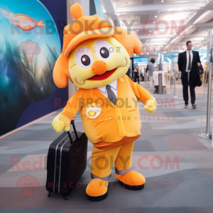 Gold Clown Fish mascot costume character dressed with a Suit Jacket and Tote bags