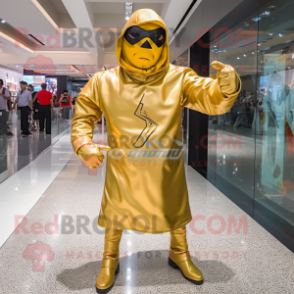 Gold Superhero mascot costume character dressed with a Raincoat and Messenger bags