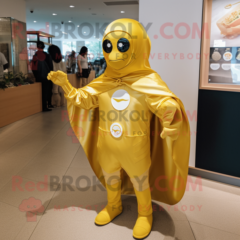 Gold Superhero mascot costume character dressed with a Raincoat and Messenger bags