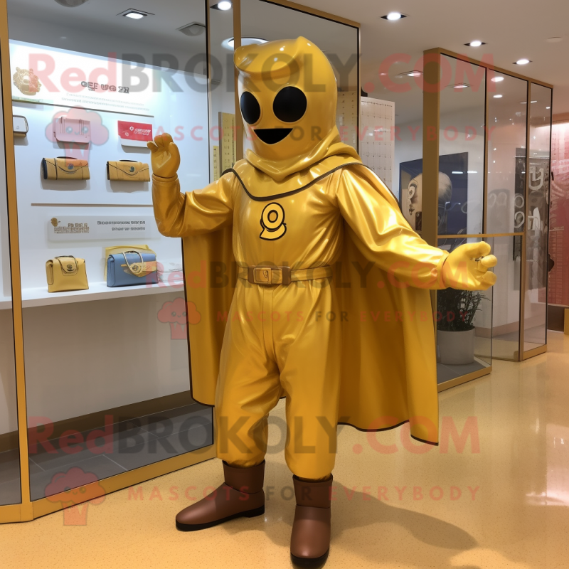 Gold Superhero mascot costume character dressed with a Raincoat and Messenger bags