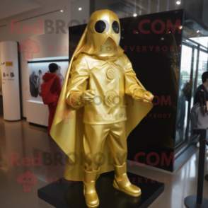 Gold Superhero mascot costume character dressed with a Raincoat and Messenger bags