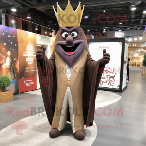 Brown King mascot costume character dressed with a Suit Pants and Shawl pins