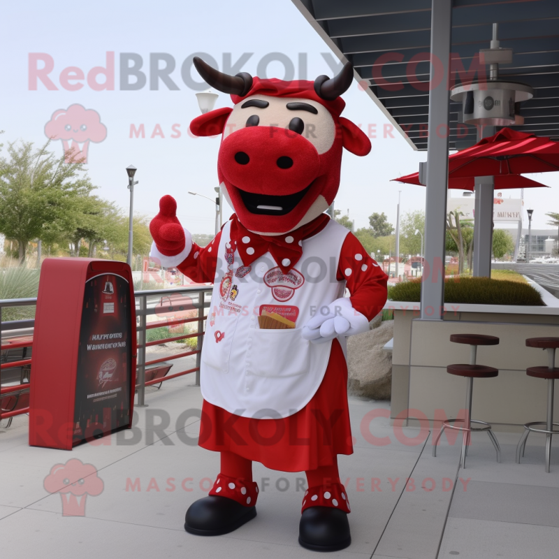 Red Steak mascot costume character dressed with a Dress Shirt and Keychains