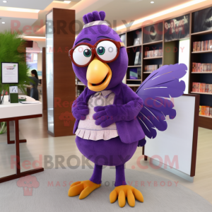 Purple Turkey mascot costume character dressed with a Pencil Skirt and Reading glasses