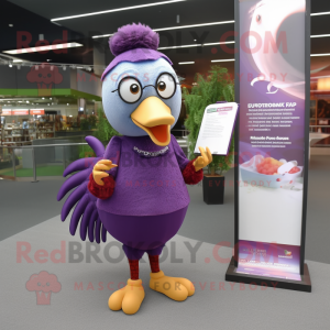Purple Turkey mascot costume character dressed with a Pencil Skirt and Reading glasses