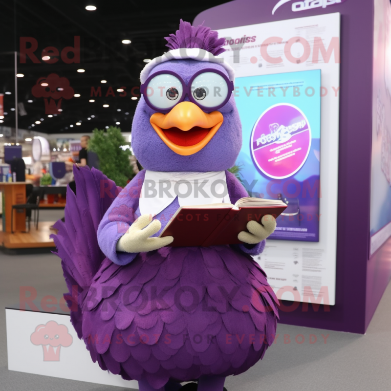 Purple Turkey mascot costume character dressed with a Pencil Skirt and Reading glasses