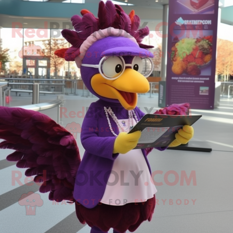 Purple Turkey mascot costume character dressed with a Pencil Skirt and Reading glasses