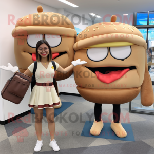 Tan Burgers mascot costume character dressed with a Mini Skirt and Briefcases