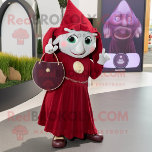 Maroon Elf mascot costume character dressed with a Maxi Dress and Coin purses