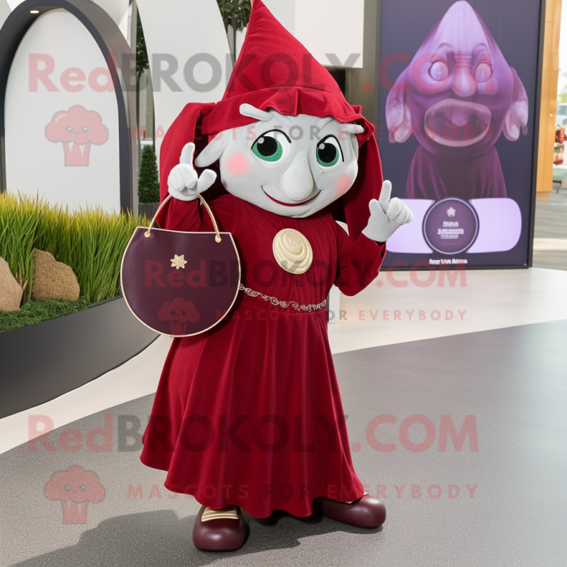 Maroon Elf mascot costume character dressed with a Maxi Dress and Coin purses Maroon Elf mascot costume character dressed with a Maxi Dress and Coin purses