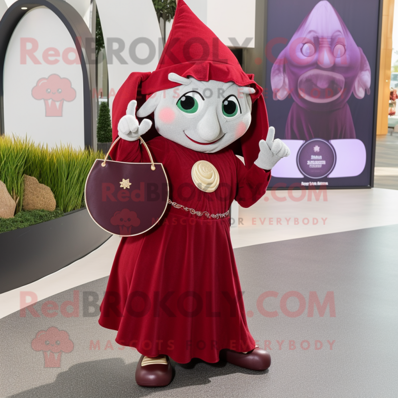 Maroon Elf mascot costume character dressed with a Maxi Dress and Coin purses