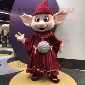 Maroon Elf mascot costume character dressed with a Maxi Dress and Coin purses