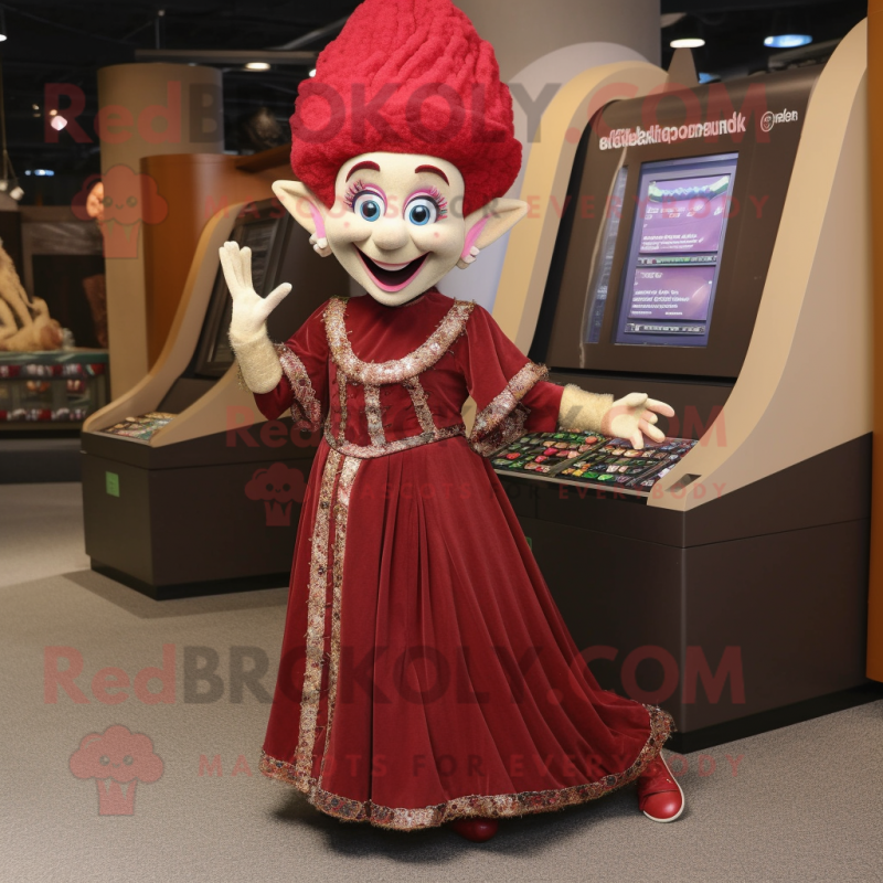 Maroon Elf mascot costume character dressed with a Maxi Dress and Coin purses Maroon Elf mascot costume character dressed with a Maxi Dress and Coin purses