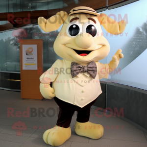 Cream Beef Wellington mascot costume character dressed with a Skinny Jeans and Bow ties