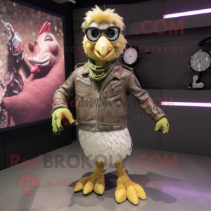 Olive Chicken mascot costume character dressed with a Biker Jacket and Bracelets