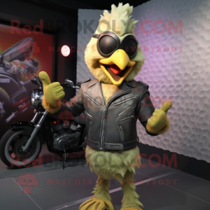Olive Chicken mascot costume character dressed with a Biker Jacket and Bracelets