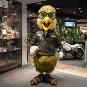 Olive Chicken mascot costume character dressed with a Biker Jacket and Bracelets