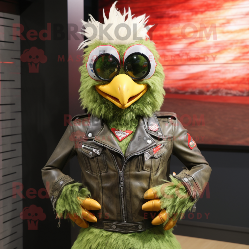 Olive Chicken mascot costume character dressed with a Biker Jacket and Bracelets