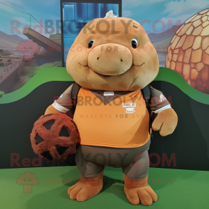 Rust Glyptodon mascot costume character dressed with a Polo Shirt and Keychains