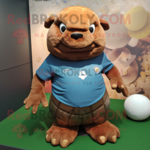 Rust Glyptodon mascot costume character dressed with a Polo Shirt and Keychains