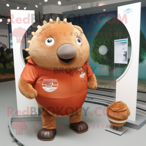 Rust Glyptodon mascot costume character dressed with a Polo Shirt and Keychains