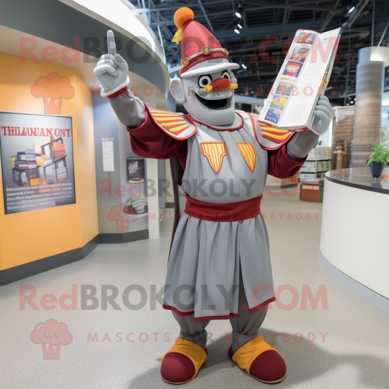 Gray Swiss Guard mascot costume character dressed with a Baseball Tee and Reading glasses Gray Swiss Guard mascot costume character dressed with a Baseball Tee and Reading glasses