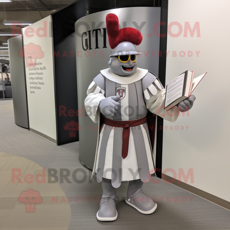 Gray Swiss Guard mascot costume character dressed with a Baseball Tee and Reading glasses