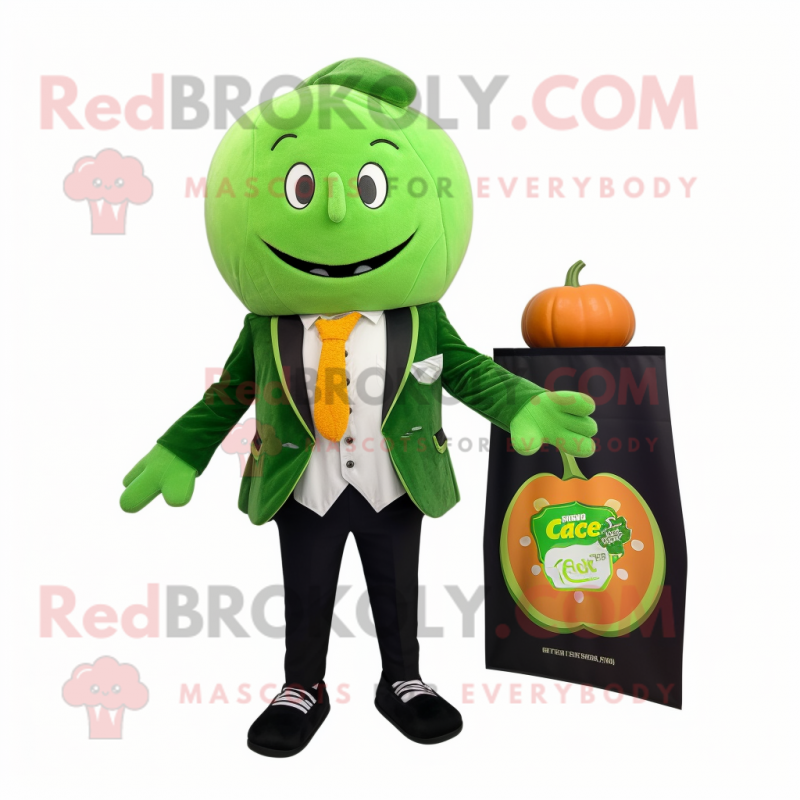 Lime Green Pumpkin mascot costume character dressed with a Blazer and Pocket squares