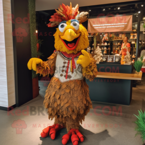 Brown Tandoori Chicken mascot costume character dressed with a Flare Jeans and Shoe laces