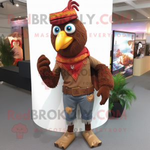 Brown Tandoori Chicken mascot costume character dressed with a Flare Jeans and Shoe laces