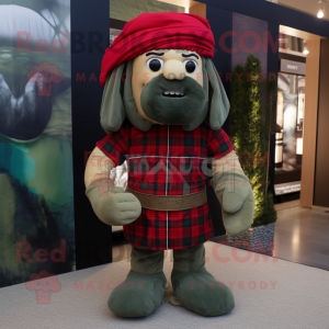 Olive Spartan Soldier mascot costume character dressed with a Flannel Shirt and Headbands