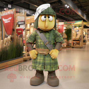 Olive Spartan Soldier mascot costume character dressed with a Flannel Shirt and Headbands
