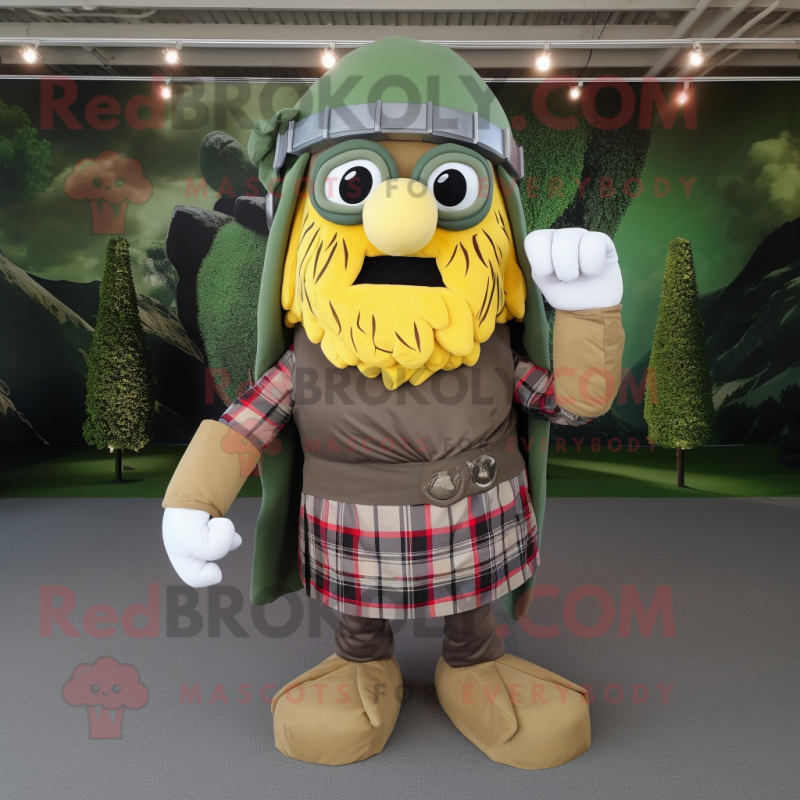 Olive Spartan Soldier mascot costume character dressed with a Flannel Shirt and Headbands