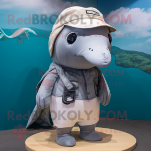 Gray Humpback Whale mascot costume character dressed with a Playsuit and Hats