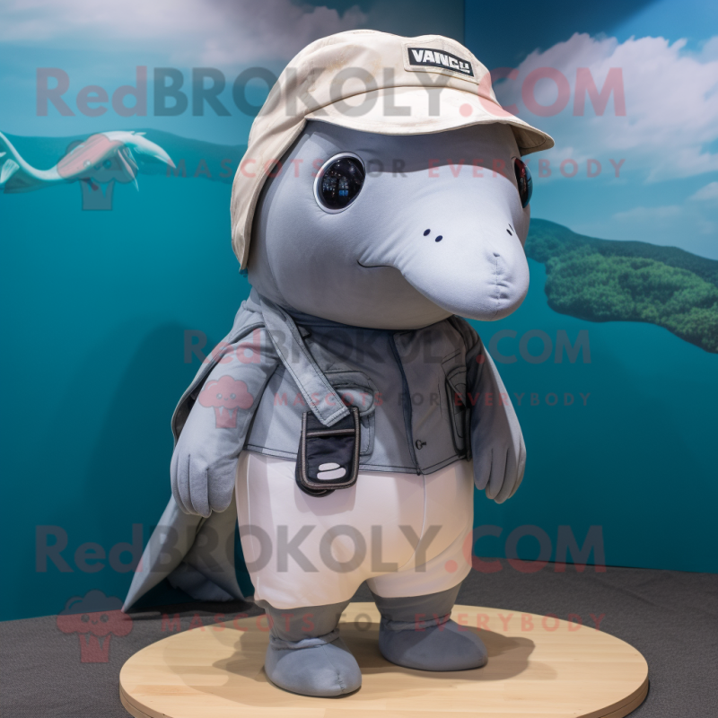 Gray Humpback Whale mascot costume character dressed with a Playsuit and Hats